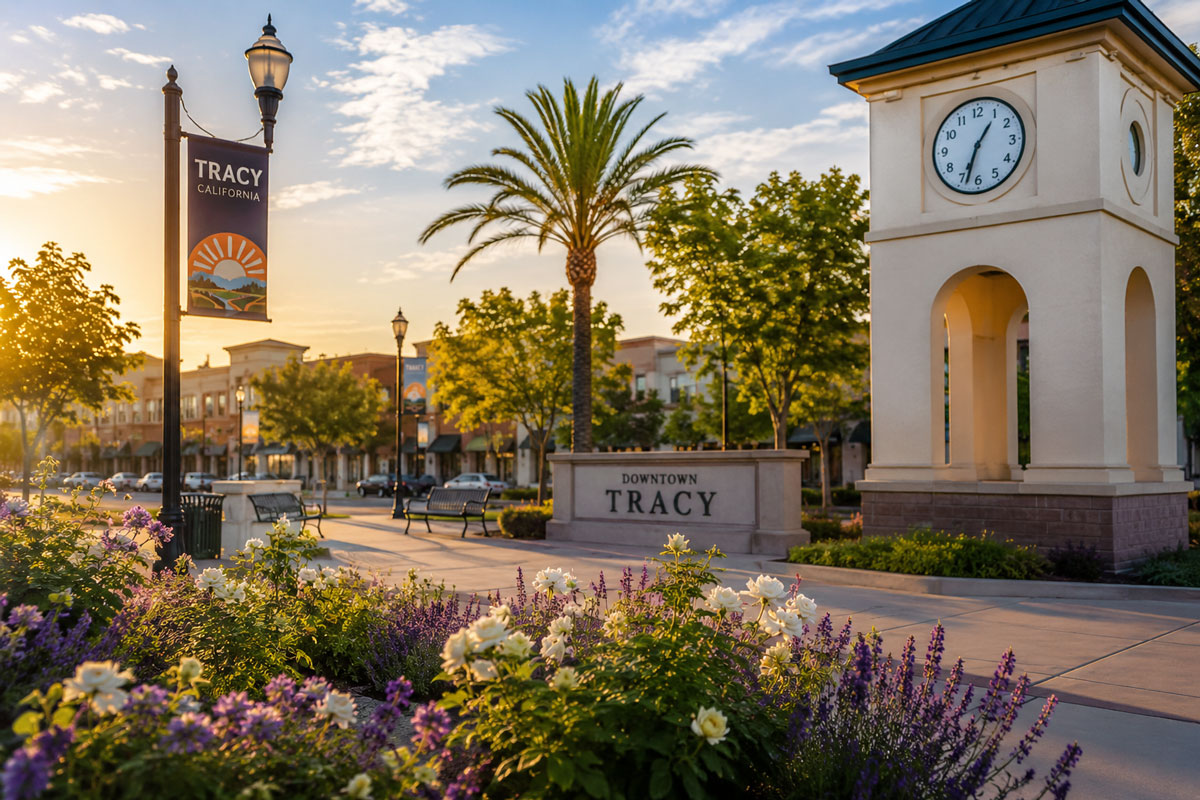 A prominent Downtown Tracy stone sign and clock tower surrounded by flower beds, palm trees, and street banners at sunset.