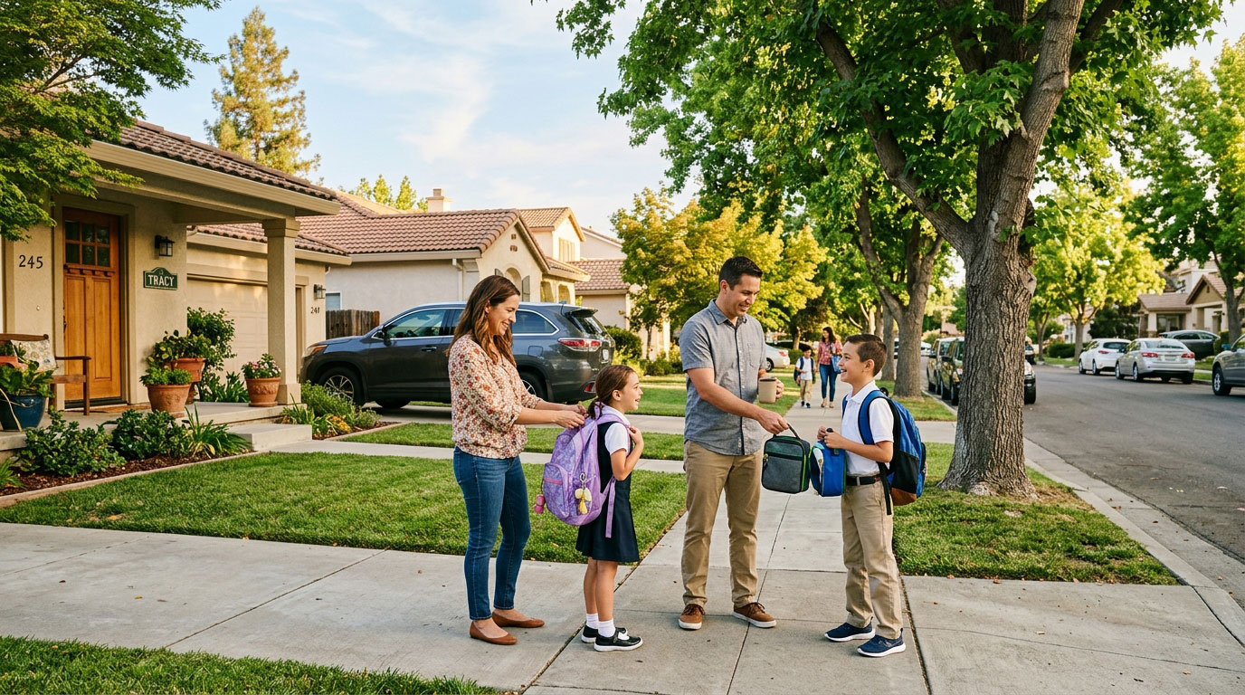 A mother helping her daughter with her backpack while a father hands a lunchbox to his son on a suburban sidewalk outside their home.