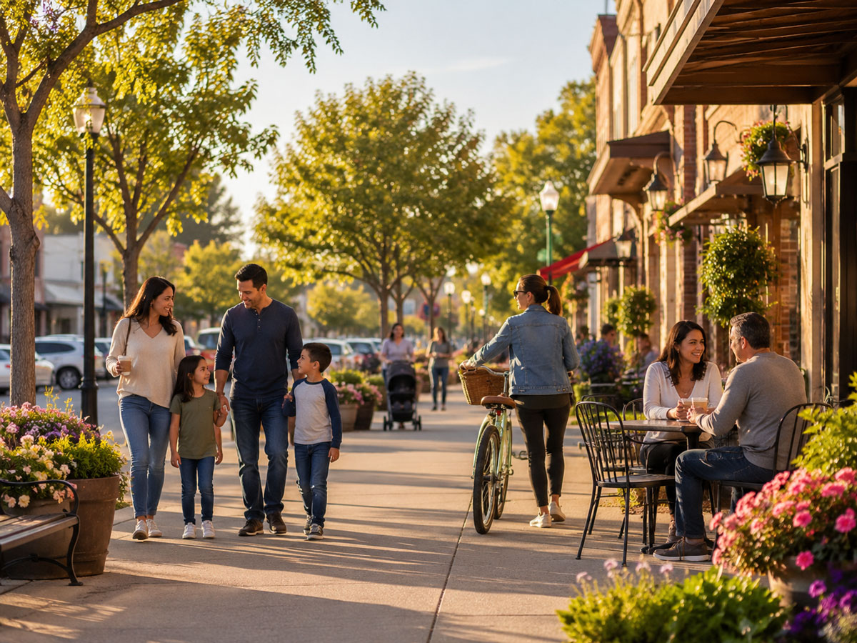 A family of four walking along a sunlit downtown sidewalk near outdoor cafe seating, flower planters, and people on bicycles.